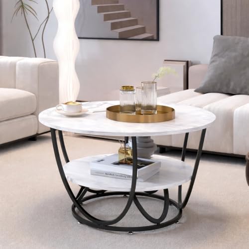 Image of Brown Art SHOPPEE Faux Marble Top Round 2 Tier Metal Coffee Tables Simple Living Room Table Sets, Sofa Center Table End Tables with Metal Frame Home Decor for Living Room (Black & White)