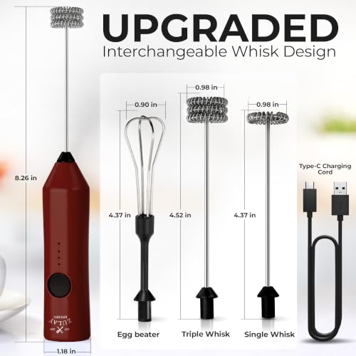 Image of Zulay Kitchen Rechargeable Milk Frother Handheld - Frother Wand, Drink Mixer, Electric Whisk Frother, for Cappuccinos, Matcha & Protein Powder - Dynamic 3 Whisk, 3 Speed 500mAh Red Black