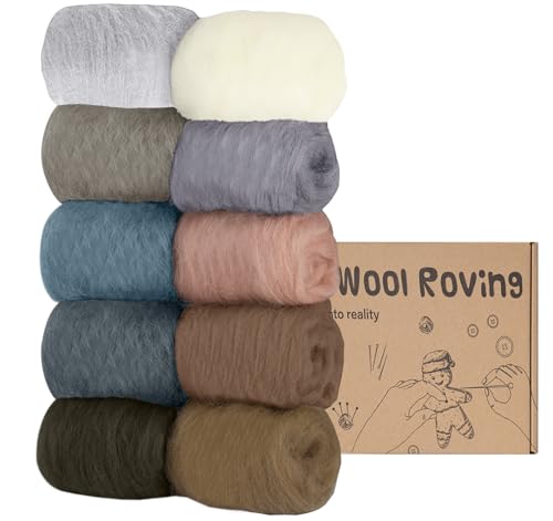 Homewit Needle Felting Wool, 10 Colors Fibre Wool Roving, Wool Roving for Needle Felting,Soft Felting Wool Supplies for Hand Spinning,Weaving and DIY Craft Materials
