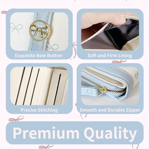 Image of Cute Wallet Girls Bow Small Little Wallets For Women Zipper Coin Pocket Purse (Blue)
