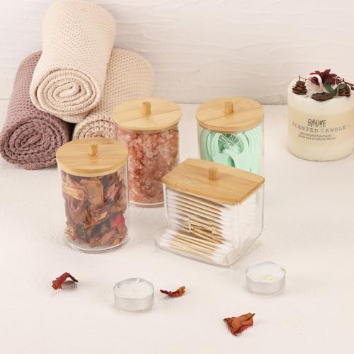 Image of Tbestmax 4 Pack Qtip Holder Bathroom Container, 10 /7oz Cotton Ball /Swabs Dispenser, Apothecary Jar with Bamboo Lids for Organizer and Storage (Beige)