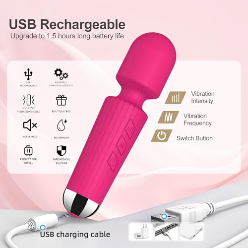 Image of Handheld Wand Massager 20 Modes 8 Speeds, Quiet Mini Vibration Massager for Deep Tissue & Muscle Recovery, Neck Back Shoulder, Cordless Portable (Red)