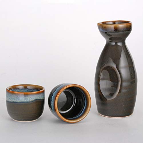 Fuji Merchandise Kagetsu Sake Set 5 Fl Oz Tokkuri Bottle With Two 1.5 Fl Oz Sake Ochoko Cups Reactive Glaze Porcelain (Green Cap) #TOP1
