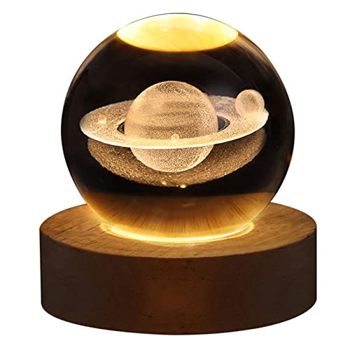 Luz Nocturna Bola de, 6cm Lámpara de Bola de Saturno con Base de Luz LED de Madera, Luces LED de Ambiente para Dormitorio Decoración del Hogar, Regalo para Niños Adultos