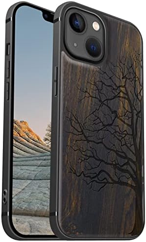 Carveit Magnetic Wood Case for iPhone 13 Case [Hard Real Wood & Soft TPU] Shockproof Hybrid Protective Cover Unique & Classy Wooden Case Compatible with MagSafe (Eternal Tree Carving-Blackwood)