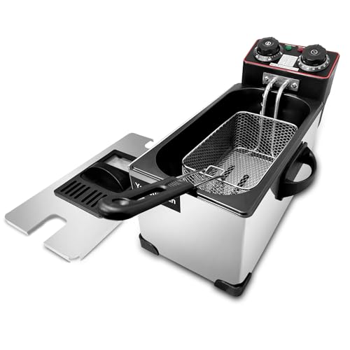 3L Deep Fryer with Basket for Home, 1300W Yangbowan Small Deep Fryers with Temperature Control, Timer Control,View Window Lid,Stainless Steel Body Electric Deep Fryer Pot for Restaurant Use