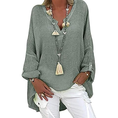 Women's V-Neck Linen Tops Casual Cotton Blouse Long Sleeve Tunic Tops Loose Plus Size Shirts (AA Green, M) Cover