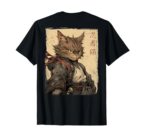 Vintage Japonés Paisaje Samurai Gato Kanji (Arte Back) Camiseta, Hombre, Negro, M