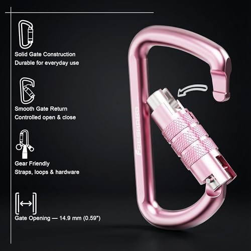 Image of FresKaro 3inch 12kN-2698lbs Auto Locking Carabiner Clips, Solid D Shape, Heavy Duty 7075 Aluminum, Lightweight 1.09oz, Rust Proof, for Hammock, Hiking, Dog Leash, Keychain etc., Multi-Colors