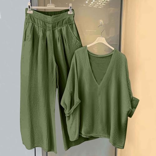 Loungewear Sets for Women Baggy Summer Two Piece Outfits Long Sleeve V Neck Blouses and Wide Leg Trousers Ladies Oversized Tracksuit Sets Cotton Linen Suits Pyjamas Set 2 Piece Co Ords - Image 4