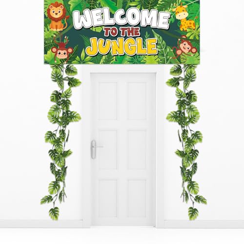 3 Pcs Jungle Themed Door Decoration Jungle Safari Porch Banner Hanging Decorations Wild Animals Vacation Bible School Decoration for Kids Birthday Indoor Outdoor Party Photo Booth Prop Supplies