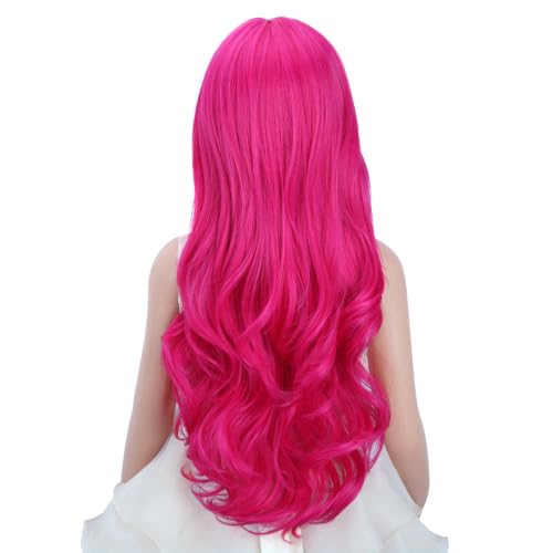 Image of PATTNIUM Hot Pink Wig for Kids Child Long Wavy Curly Wig Girls Neon Pink Wigs Magenta Wigs Rose Pink Cosplay Party Synthetic Hair