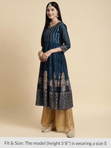 Image of rangita Women's Chanderi Relaxed Fit Anarkali Calf Length Embroidered Kurti | Kurta