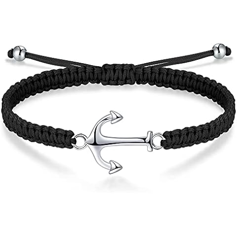 J.Endéar Bracelet Anchor Silver 925 Handmade Braided Filigree Rope for Women Men Unisex Summer Sea Jewelry Gift, Black Cover
