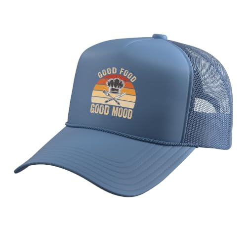 Good Food Good Mood Chef Toque Fork and Knife Cooking Print Trucker Hat with Adjustable Mesh Back, Light Blue
