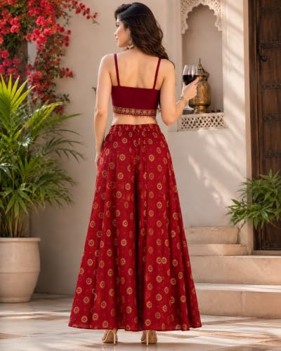 Image of TNQ Full Flared Cotton Palazzo Pants || Gold Print Printed Sharara Garara || Ethnic Or Casual Wear (IN, Alpha, 2XL, Maroon.Gold)