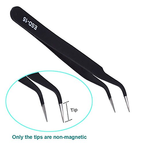 Akobearla 6pcs Stainless Steel Presicion Tweezers ESD Serial Electrical Pliers Anti-Static Tweezer Tool Kits for Electronics Jewelry-making, Laboratory Work, Nail Art Hobbies (1.0mm Thickness)