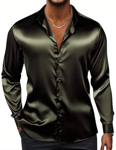 Image of Hi-Tie Men's Silk Satin Dress Shirts Long Sleeve Shiny Casual Button Up Shirts Luxury Party Disco Prom Wedding Shirt
