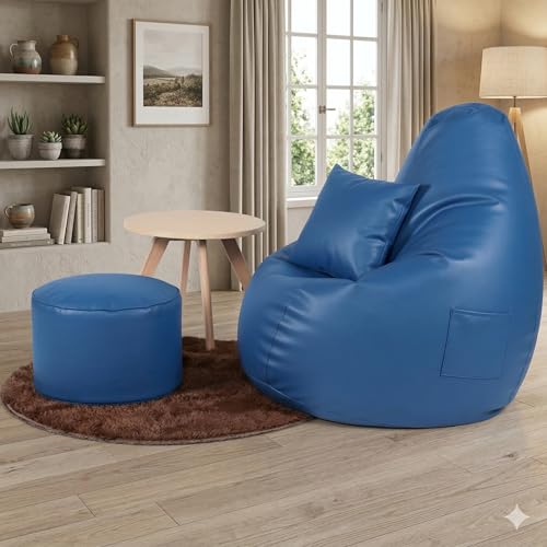 Image of IVIKA Bean Bag with Stool & Cushion | XXXXL Size Premium Leatherette Bean Bag for Gaming, Living Room & Bedroom (4XL - Blue)