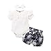 Baby Kurzarm RüSchen Einfarbig Grubenstreifen Strampler Hintern + Florale Dekorative Shorts Boxer + Schleife Haarband Set Neugeborene 1. Jahrestag Foto Niedliche Babykleidung,Weiß,90