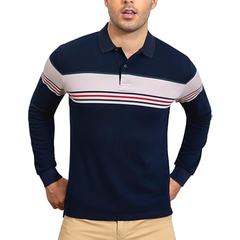 Belisy Men's Long Sleeve Cotton Color Block Striped Pique Polo Shirt Black Large Cover