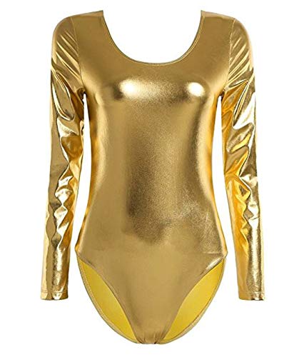 Furein Klassischer Tanzbody für Ballett / Turnen, für Damen, lange Ärmel, elastisch, Rundhalsausschnitt X-Large gold Cover