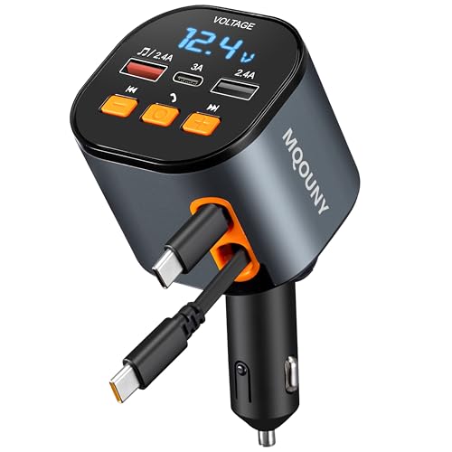 Retractable Car Charger,5 in 1 Fast Car Phone Charger 90W,Bluetooth 5.3 FM Transmitter Adapter,Handsfree Call,2 Retractable USB-C Cables and USB Cars Chargers for iPhone 16/15/14/13/12/11,Galaxy,Pixel