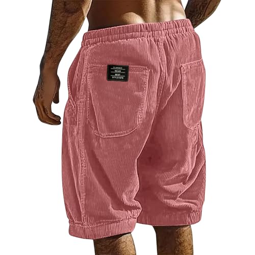 Mens Beach Shorts 7 Inch Corduroy Shorts for Men Vintage Drawstring Waist Baggy Beach Short Lightweight Knee Length Long Short with Pockets Quick Dry Classic Fashion Beach Resort Wear Pink
