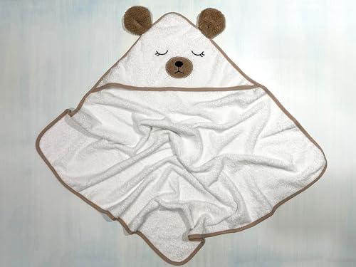 Image of Organic Baby Hooded Bath Towel 30x30 Inch - 100% Organic Cotton, 380 GSM Soft & Absorbent Newborn Towel with Embroidered Hood, (Bear)