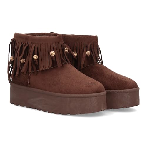 shoes&blues.es 98402 Botin Plano para Mujer con Plataforma, Estilo Australiano, Forrado de Pelo, Cana Decorada con Flecos Largos y Abalorios. Punta Redonda sin Cierre. Marron Talla 38