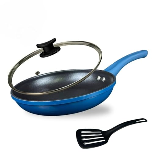Frigideira Indução Antiaderente Cerâmica Não Gruda com Tampa Vidro e Espátula Nylon Azul e Preto