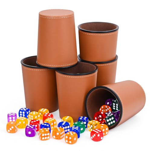 Biamaleu Dice Cup, Jeux de dés avec Gobelet a des en Cuir, Lot de 6 Gobelet en Cuir avec 36 Dés, pour Les Réunions de Famille, Les Jeux de Fête, Jeux De Voyage (Brun)