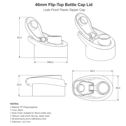 Image of KOTSUN 46mm Plastic Bottle Caps,Water Bottle Sipper Cap Flip top cap Compatible for All Size Bottle 1000 ml, 750 ml, 500 ml (Black) (PACK-3)