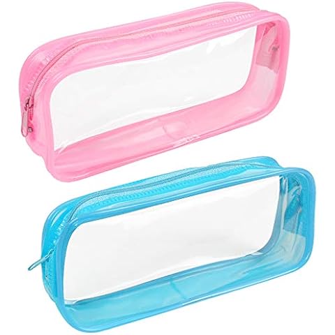 2 Pcs Clear Pencil Case, Clear Toiletries Bag with Sturdy Zipper Exam Pen Pencil Pouch Bag Cosmetic Bag Travel (Blue and Pink) Cover