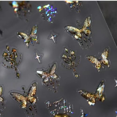 Image of Butterfly Nail Art Stickers 5D Embossed Nail Decals Golden Self Adhesive Bronze Nail Sticker for Nails Art Design for Women Girls Christmas Supplies Manicure Decorations Accessories