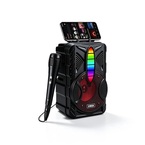Portable Karaoke Machine, Bluetooth Speaker with Wired Microphone, LED Party Lights, FM Radio, TWS Pairing, Rechargeable Wireless Speaker for Kids Adults Home Party Outdoor Birthday-Red - image 1