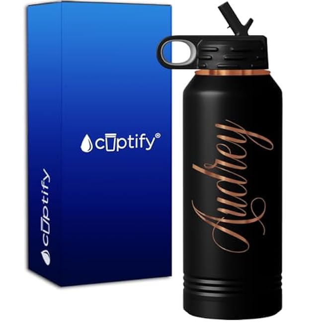 ??Personalized Water Bottle 32 oz Laser Engraved Name on Black with Ion Rose Gold Design Custom Insulated Bottle Stainless Steel Insulated Cup with Lid and Straw Birthday Gifts for Men and Women