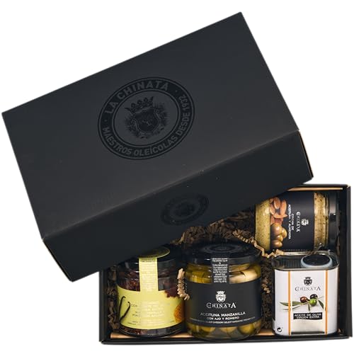 La Chinata Cesta Gourmet S| Aceite de Oliva Virgen Extra 100ml, Crema de Aceitunas Verdes y Almendras, Aceitunas Manzanilla Ajo y Romero, Nueces Pecanas con AOVE Miel Vainilla y Pimenton | Regalos