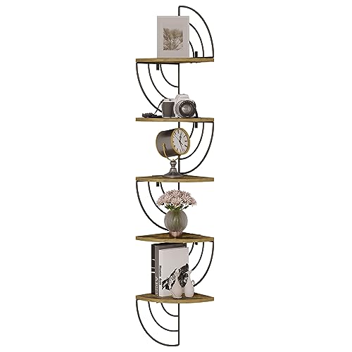 WOLTU Étagère d'angle, Étagère Murale, Bibliothèque, Étagère Rangement à 5 Niveaux, en Forme de Zigzag, pour Chambre à Coucher, Salon, Cuisine, Marron Rustique+Noir, 20x20x125cm, RG9507rbs