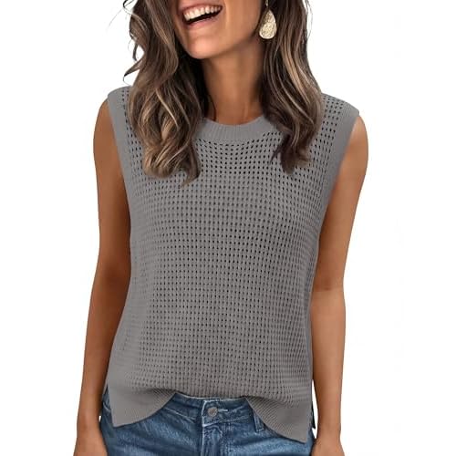 Totatuit Crochet Tank Tops for Women Summer Casual Crewneck Hollow Out Vest | Loose Sleeveless Eyelet Knit Sweater Vest
