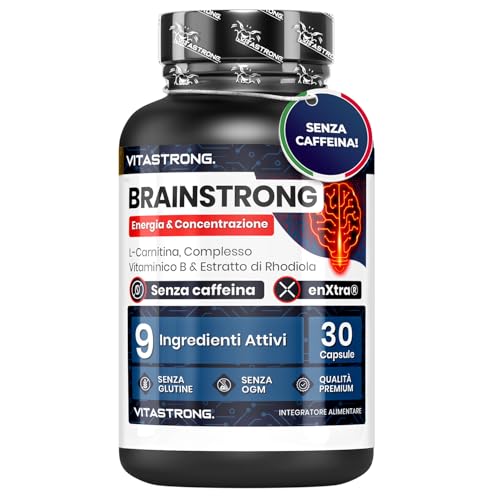 Vitastrong Brainstrong Integratore Memoria e Concentrazione, Biotina, Carnitina, Rhodiola Rosea, Vitamina B6, Niacina, Galanga, Vitamina B12 e Acido Folico, 30 Capsule Vegan Senza Glutine né Lattosio
