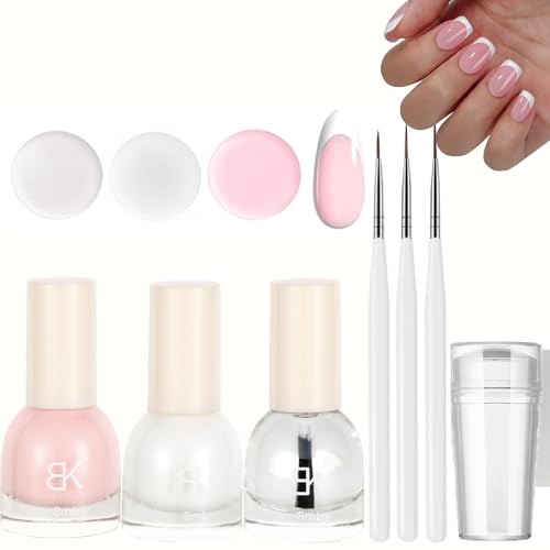 French Manicure Nail Polish Kit Pink White Nail Varnish with Top Coat for French Tips Quick Dry French Manicure Kit with 3Pcs Nail Pen & Nail Stamper for Home DIY Nail Art No UV Cure