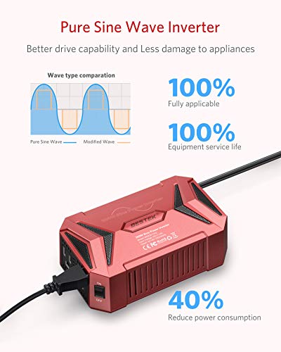 BESTEK 300Watt Pure Sine Wave Power Inverter Car Adapter DC 12V to AC 110V with 4.2A Dual Smart USB Ports (Red)