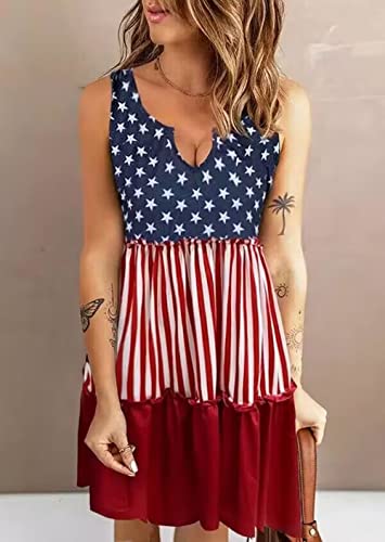 AIMITAG American Flag Star Vertical Striped Ruffled Mini Dress Womens 4th of July Patriotic Dresses Casual Color Block Dress3