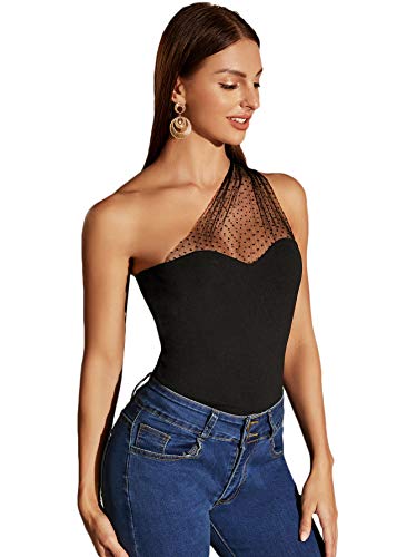 Wdirara Women's Mesh Polka Dot One Shoulder Sleeveless Slim Fit Elegant Top Black M #TOP3