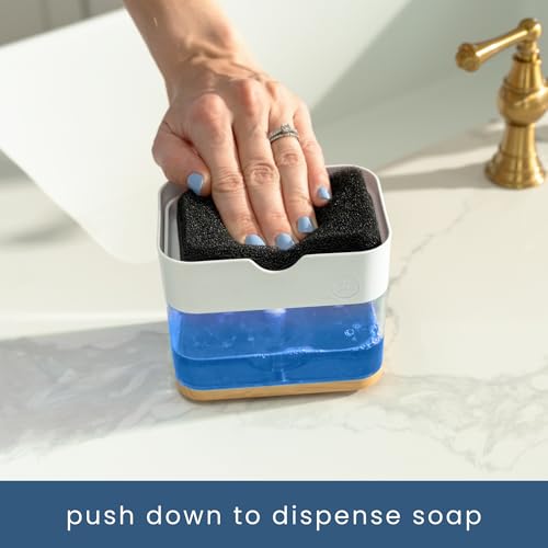 S&T INC. Dish Soap Dispenser and Sponge Holder for Kitchen Sink, Waterproof Labels and Sponge Included, 13 Ounces, Plastic, White and Bamboo