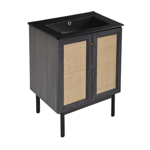 Image of Swiss Madison Classe 24 in. Black Oak Bathroom Vanity with Black Ceramic Sink Top