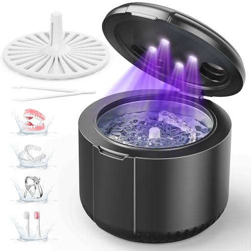 45kHz Ultrasonic Retainer Cleaner, Dental Cleaning Pod for Mouth Guard, Invisalign, Aligner, Night Guard, Braces, Toothbrush, Jewelry, Powerful Denture Cleaner Machine with Digital Timer (Black)