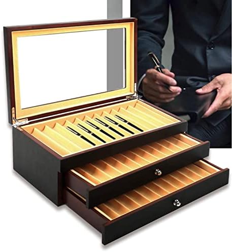 uyoyous 34 Slots Wood Pen Display Box 3-Layer Wooden Pen Box with Glass Window Large Capacity Fountain Pen Storage Collector Organizer Pen Box Black 31x21x8.5CM