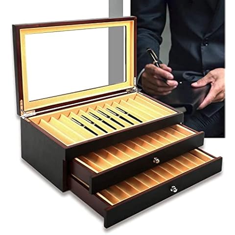 uyoyous 34 Slots Wood Pen Display Box 3-Layer Wooden Pen Box with Glass Window Large Capacity Fountain Pen Storage Collector Organizer Pen Box Black 31x21x8.5CM Cover